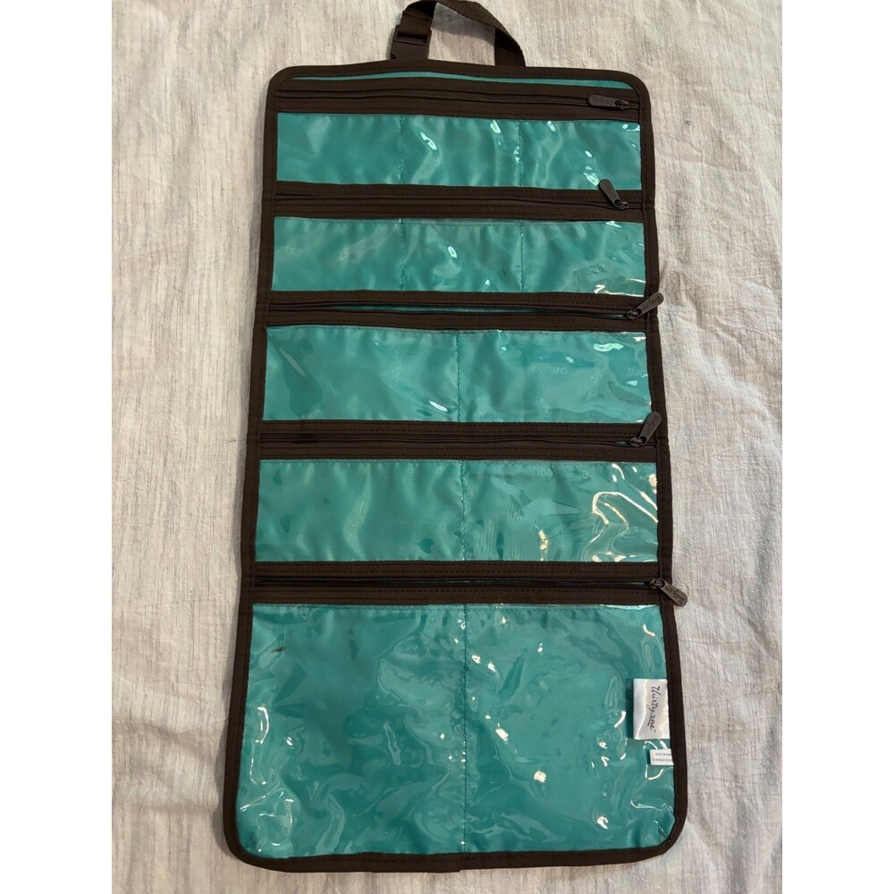 Thirty-One Hanging Jewelry Organizer Roll Up Travel Case Teal Plaid
